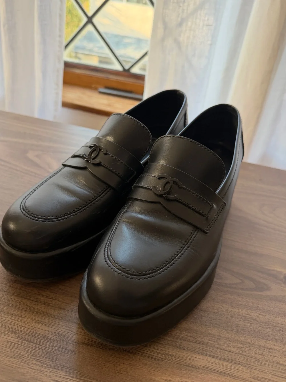CHANEL Black Leather Platform Penny Loafers
